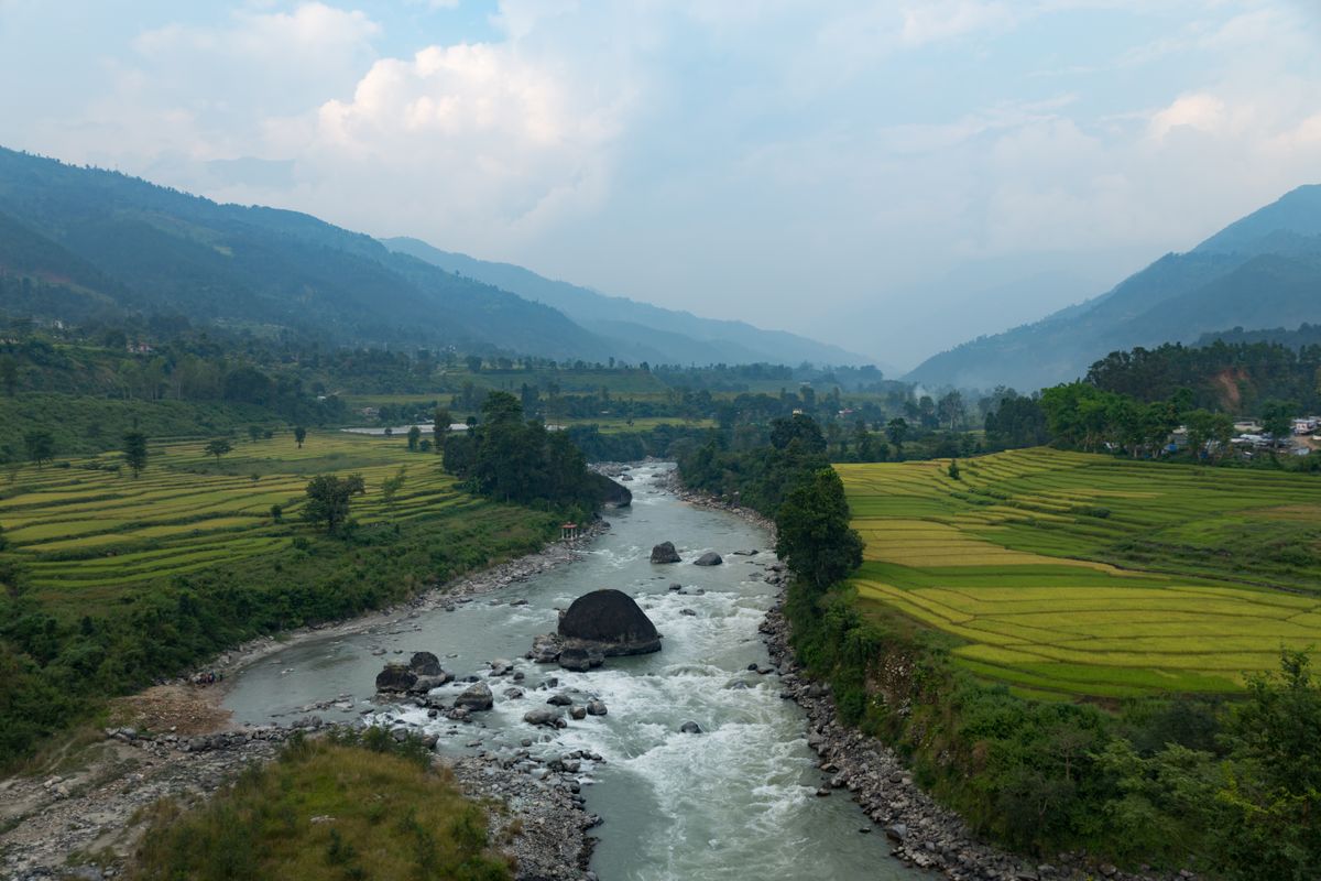 Trishuli,River,,Nepal,With,Beautiful,Rice,Fields,On,The,Sides.