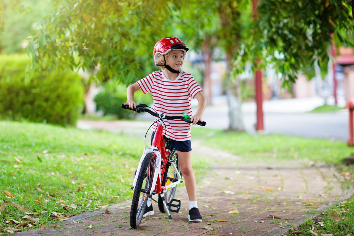 Kids,On,Bike,In,Park.,Children,Going,To,School,Wearing