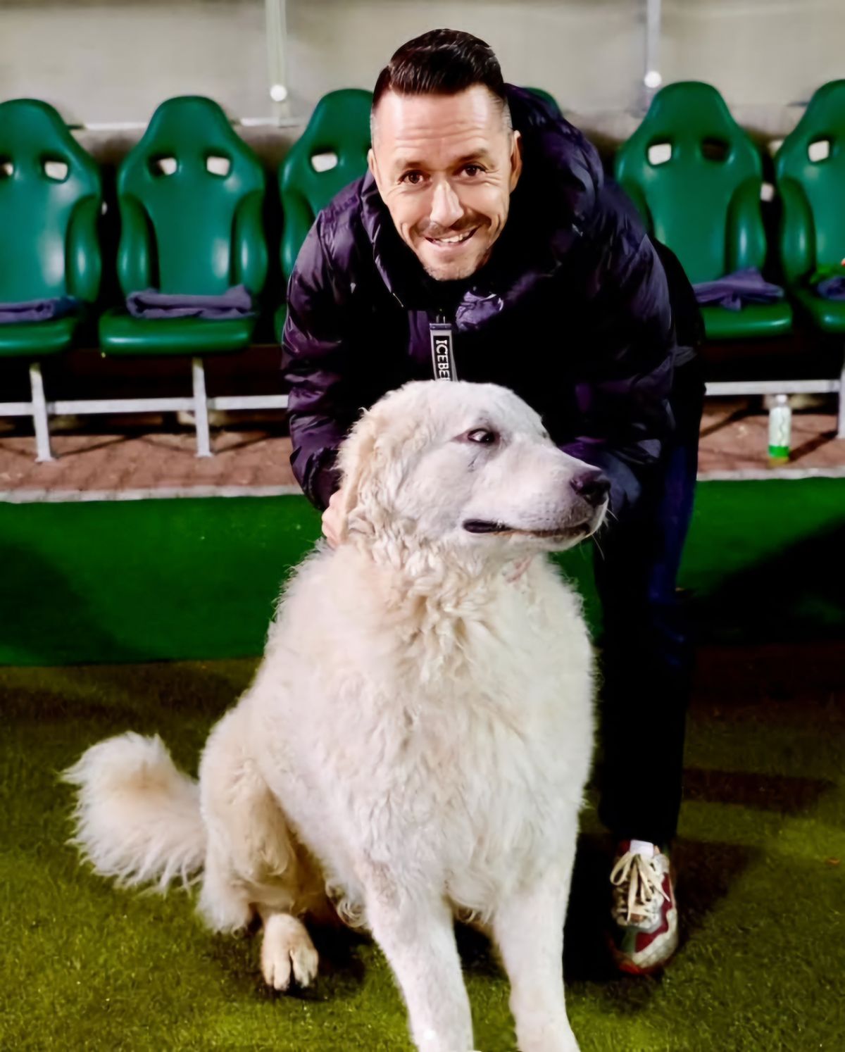 Az alsószentiváni kuvasz, Hunor, a Paksi FC kabalaállata Kabát Péterrel találkozott. A fotó sem maradhatott el az Újpest FC ikonjával.