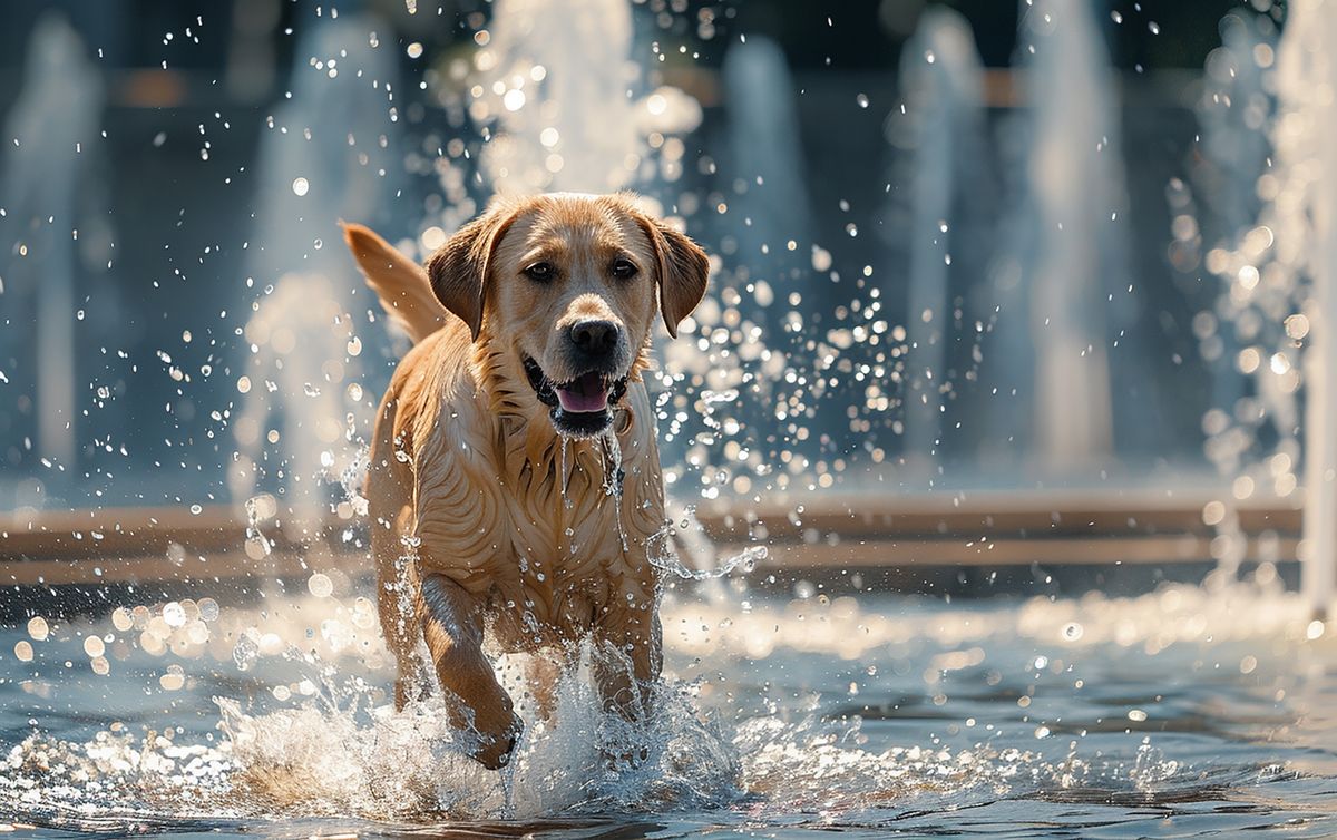 Happy,Labrador,Dog,In,Water,Splashes.,Thirsty,Dog,On,Hot